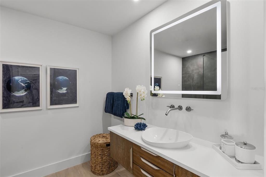 Bathroom, Interior, Recessed Lighting, Wood Texture Flooring