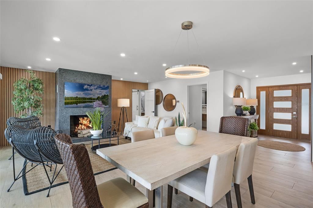 Dining room, Fireplace, Interior, Living room, Pendant Lights, Recessed Lighting, Wood Texture Flooring, Wooden Walls