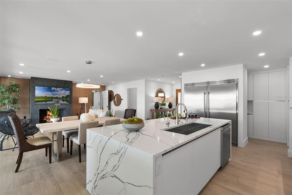 Dining room, Fireplace, Interior, Kitchen, Living room, Pendant Lights, Recessed Lighting, Stainless Steel Appliances, Wood Texture Flooring