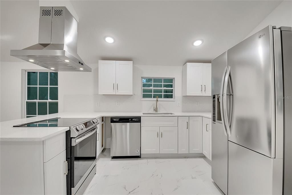 Interior, Kitchen, Marble, Recessed Lighting, Stainless Steel Appliances