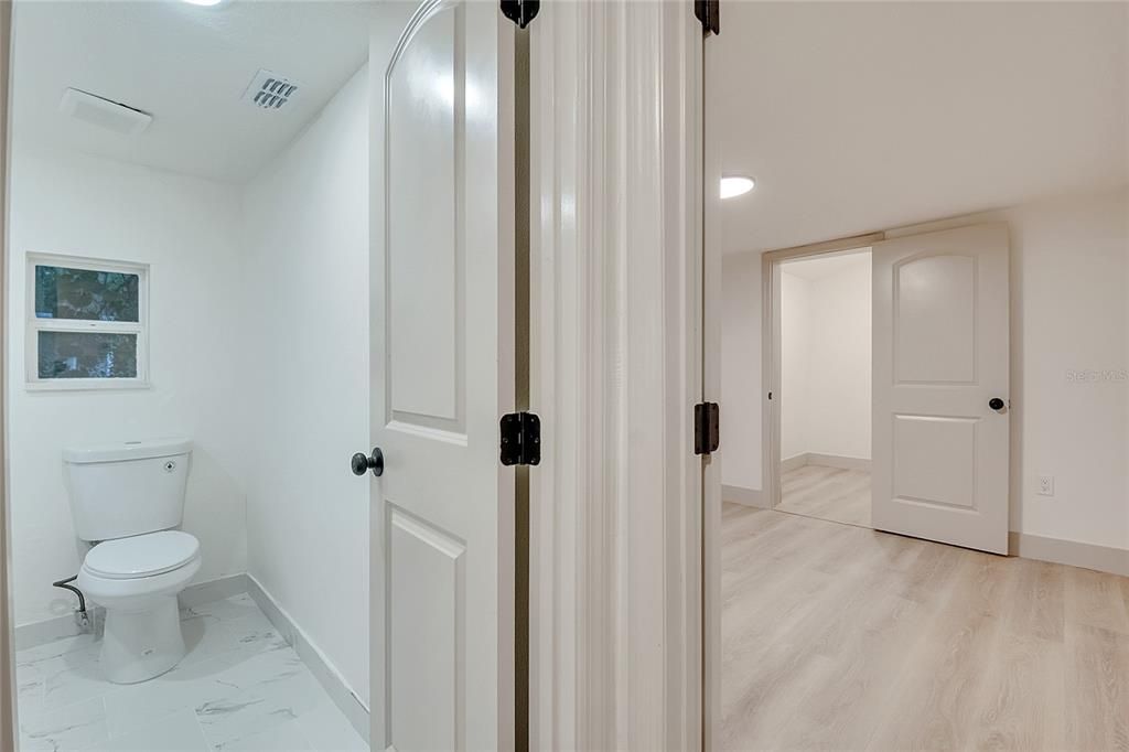 Bathroom, Interior, Marble, Recessed Lighting, Wood Texture Flooring