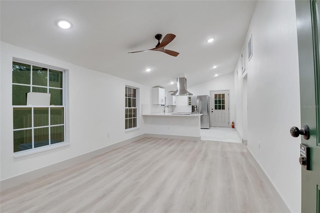 Empty room, Interior, Kitchen, Recessed Lighting, Wood Texture Flooring