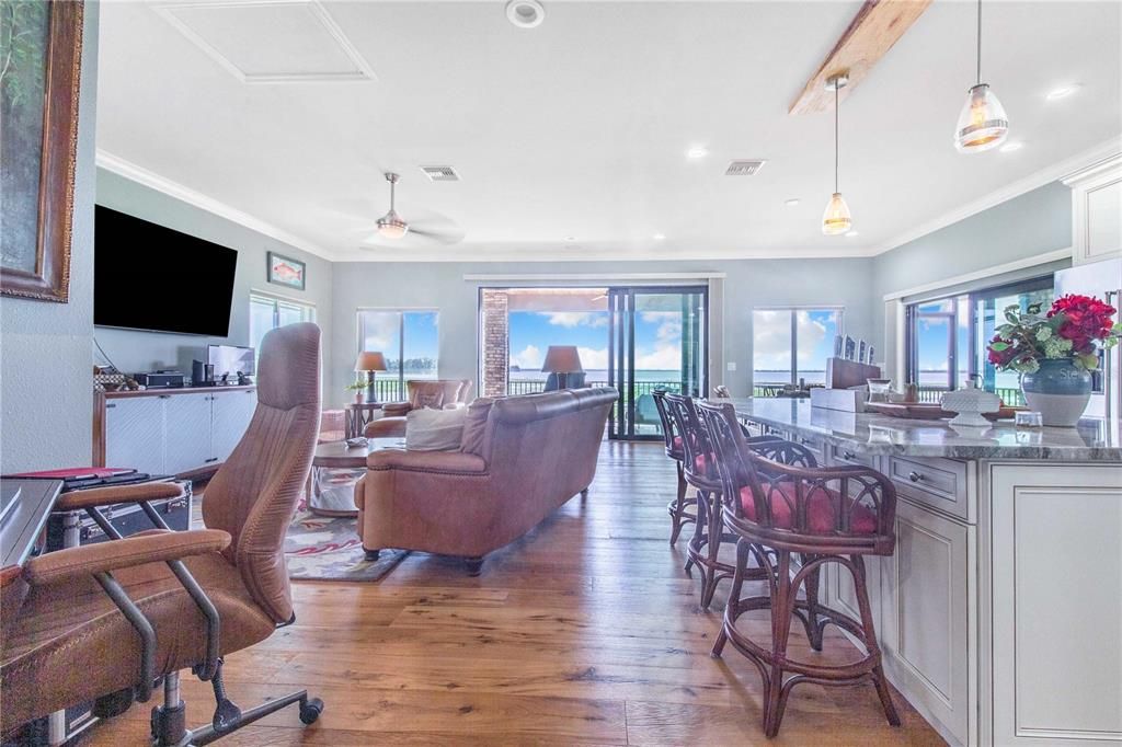 Interior, Living room, Pendant Lights, Recessed Lighting, Wood Texture Flooring