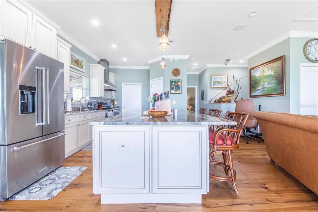 Interior, Kitchen, Pendant Lights, Recessed Lighting, Stainless Steel Appliances, Wooden Beams, Wood Texture Flooring