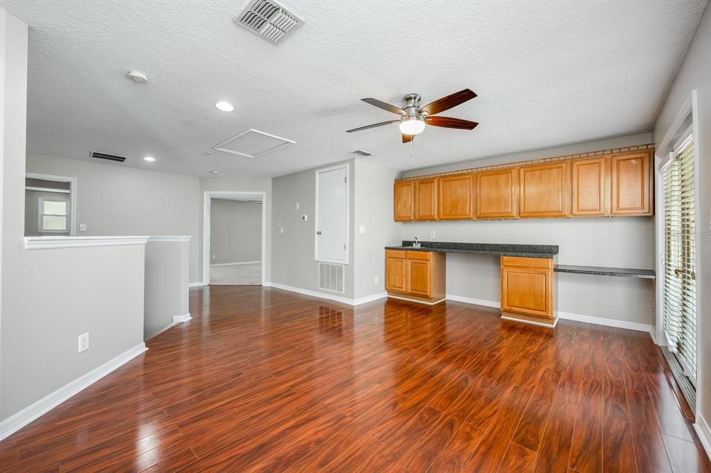 Empty room, Interior, Kitchen, Recessed Lighting, Wood Texture Flooring