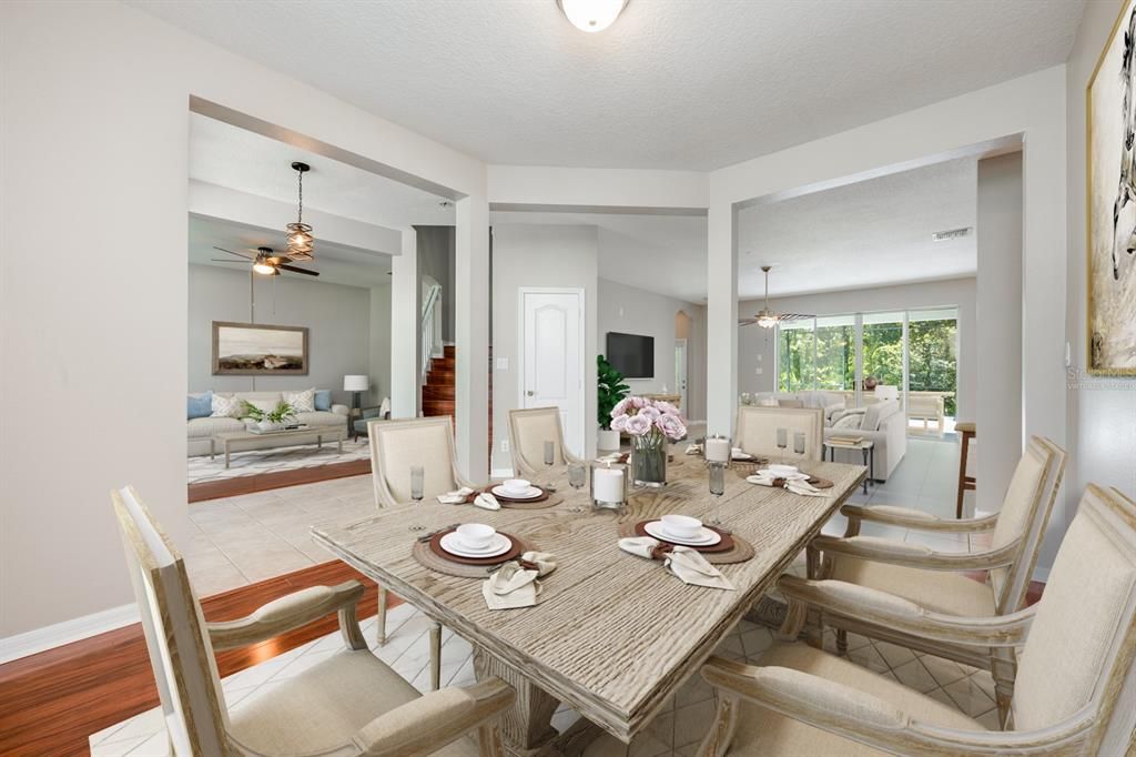 Dining room, Interior, Living room, Pendant Lights, Wood Texture Flooring