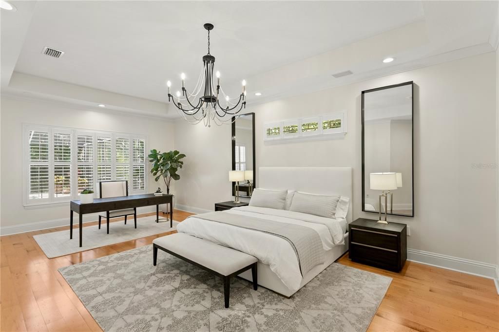 Bedroom, Chandelier, Home Office, Interior, Recessed Lighting, Wood Texture Flooring