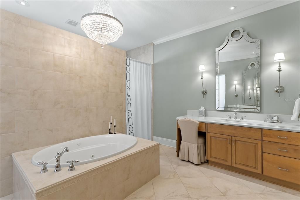 Bathroom, Chandelier, Dual Sink Vanities, Interior, Recessed Lighting