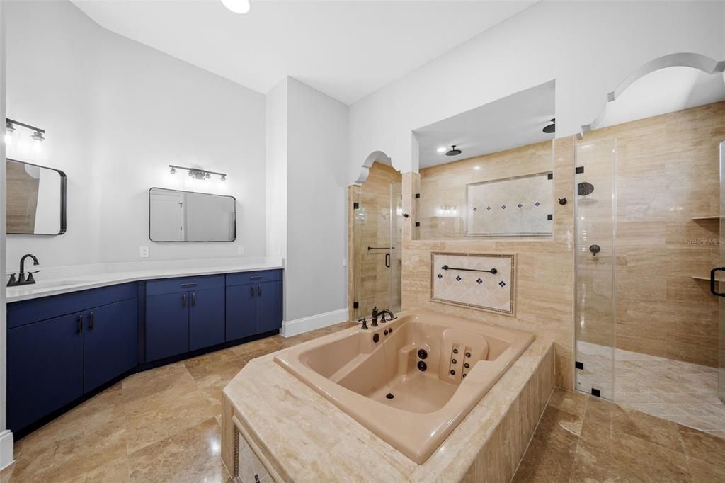 Bathroom, Dual Sink Vanities, Glass Shower, Interior, Recessed Lighting