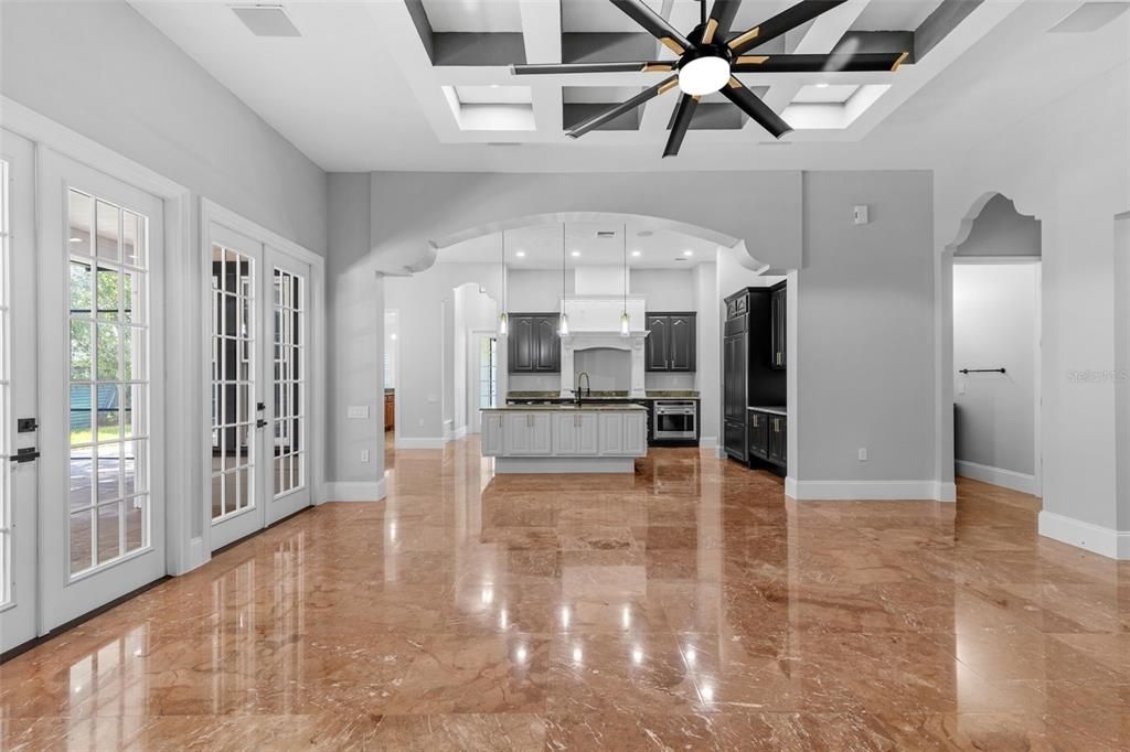 Empty room, Interior, Kitchen, Pendant Lights, Recessed Lighting, Stainless Steel Appliances