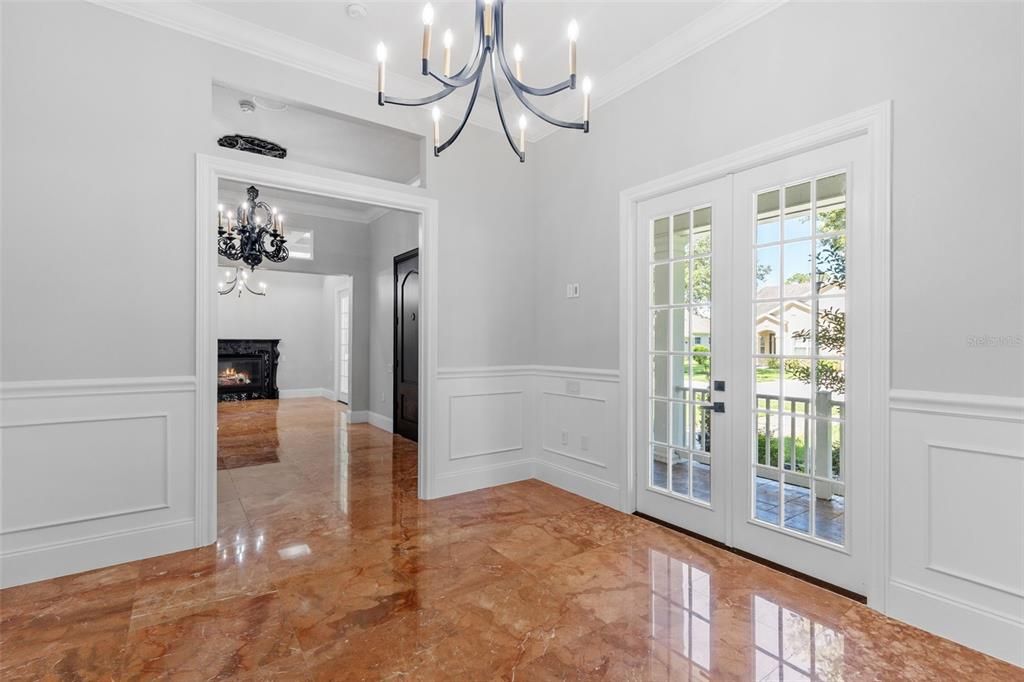 Chandelier, Empty room, Fireplace, Interior