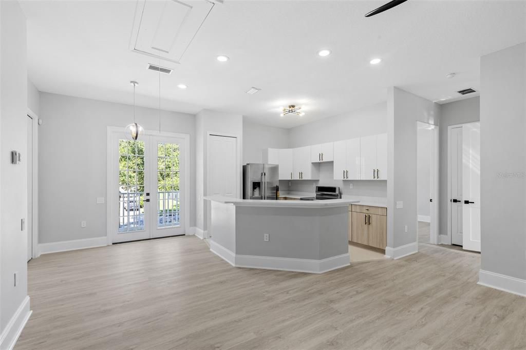 Interior, Kitchen, Pendant Lights, Recessed Lighting, Stainless Steel Appliances, Wood Texture Flooring