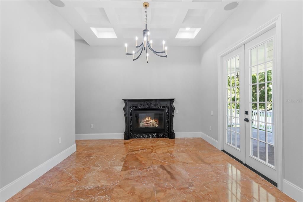 Chandelier, Empty room, Fireplace, Interior