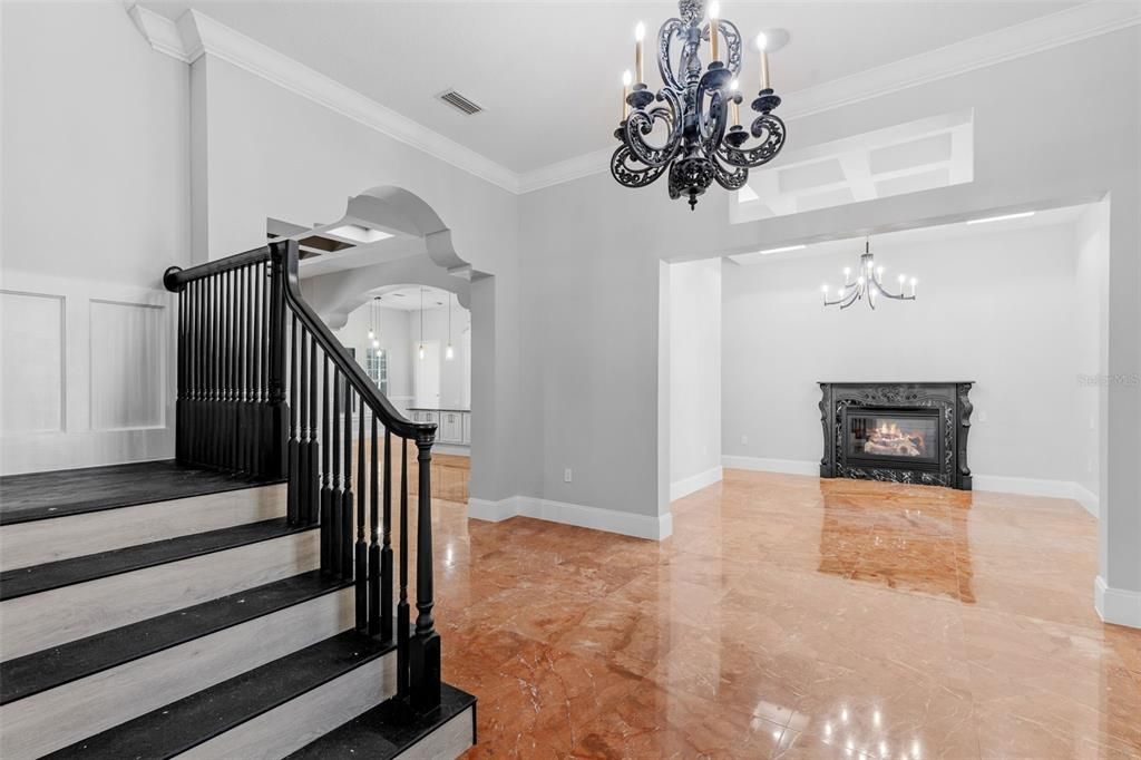 Chandelier, Fireplace, Interior