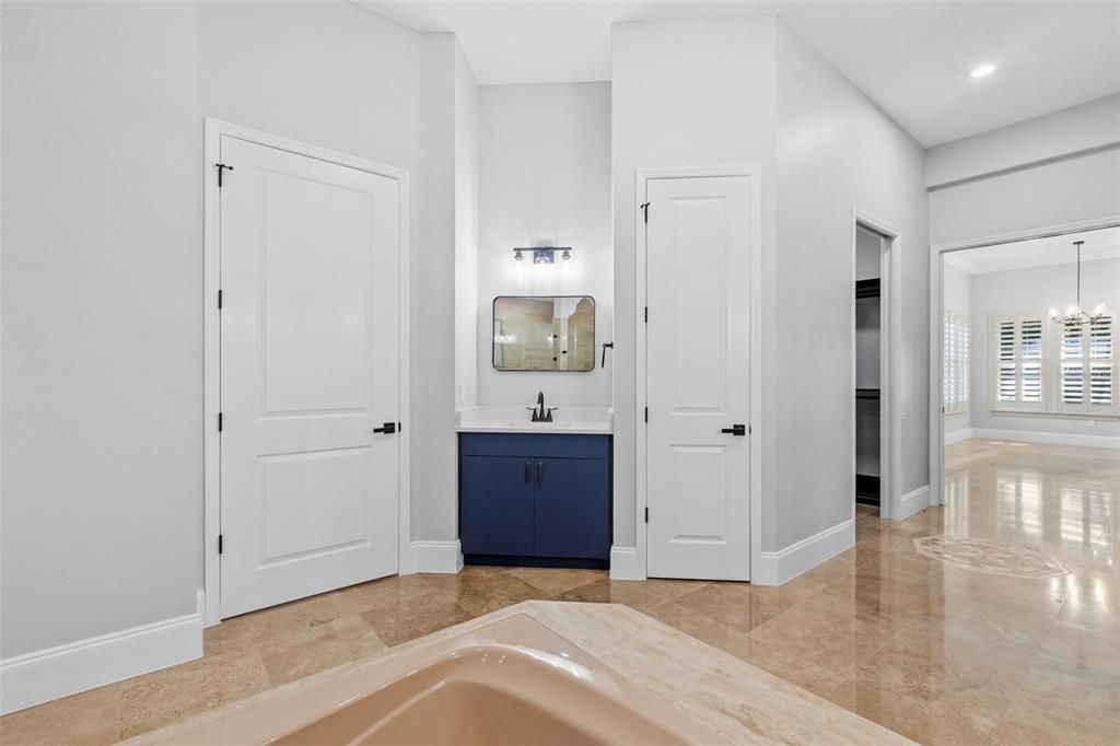 Bathroom, Chandelier, Dual Sink Vanities, Interior, Recessed Lighting