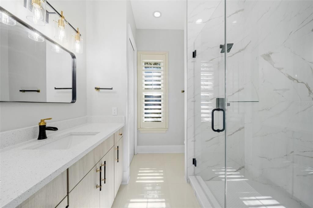 Bathroom, Glass Shower, Interior, Marble Walls, Recessed Lighting