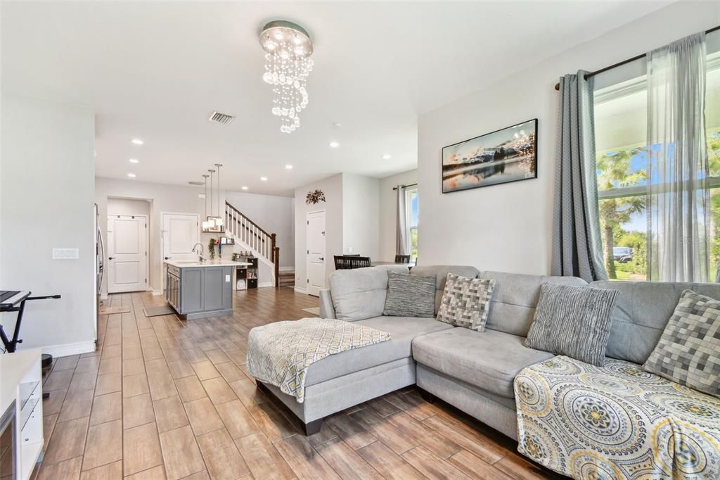 Interior, Kitchen, Living room, Pendant Lights, Recessed Lighting, Wood Texture Flooring