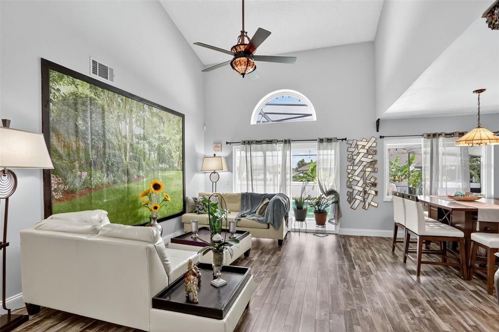 Dining room, Interior, Living room, Pendant Lights, Wood Texture Flooring