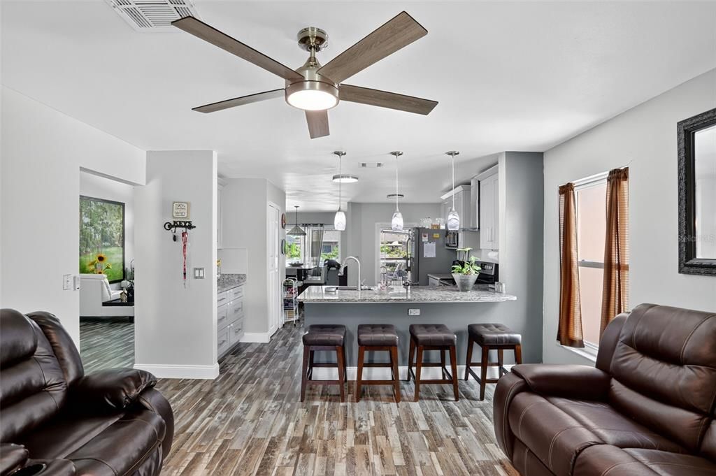 Interior, Kitchen, Pendant Lights, Wood Texture Flooring