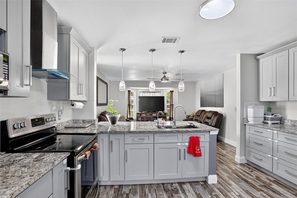 Interior, Kitchen, Pendant Lights, Wood Texture Flooring