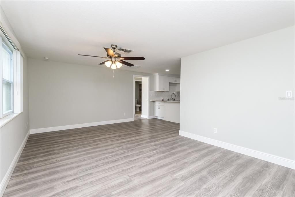 Empty room, Interior, Kitchen, Recessed Lighting, Wood Texture Flooring