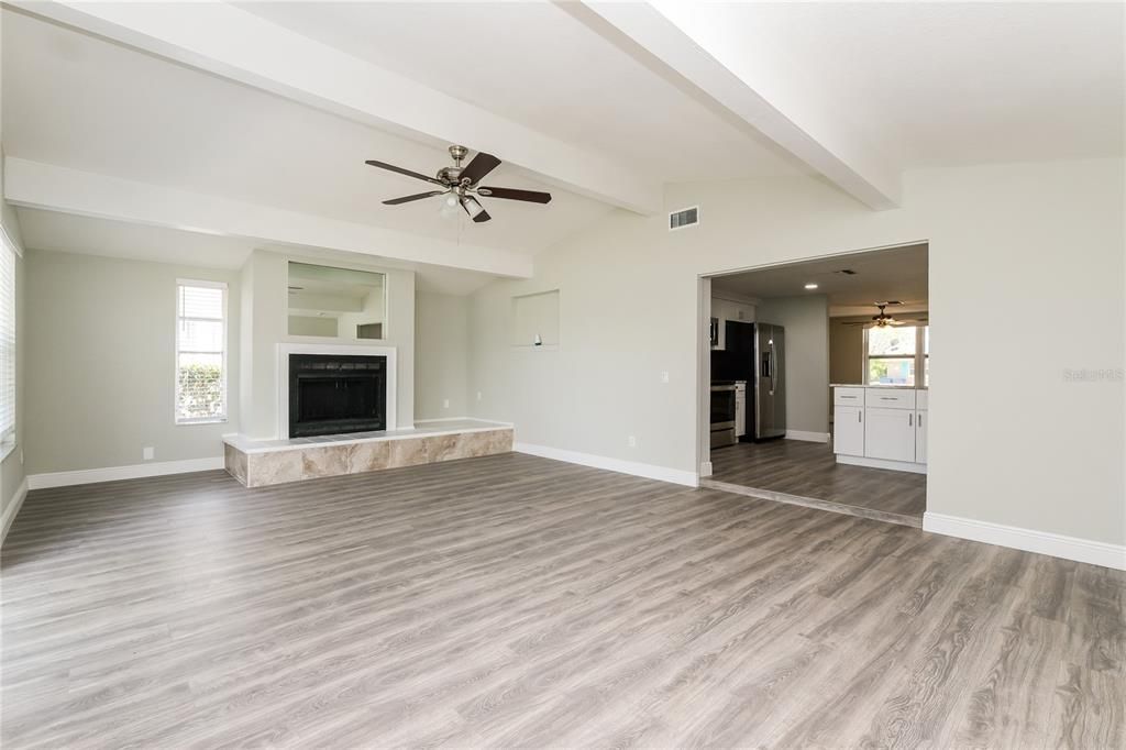 Empty room, Fireplace, Interior, Recessed Lighting, Wood Texture Flooring