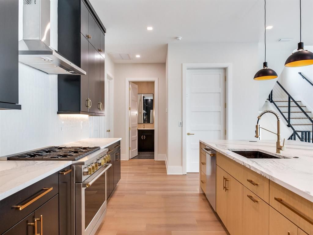 Interior, Kitchen, Pendant Lights, Recessed Lighting, Stainless Steel Appliances, Wood Texture Flooring