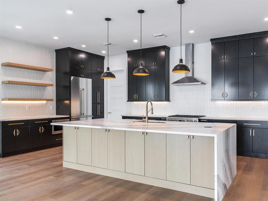 Interior, Kitchen, Pendant Lights, Recessed Lighting, Stainless Steel Appliances, Wood Texture Flooring