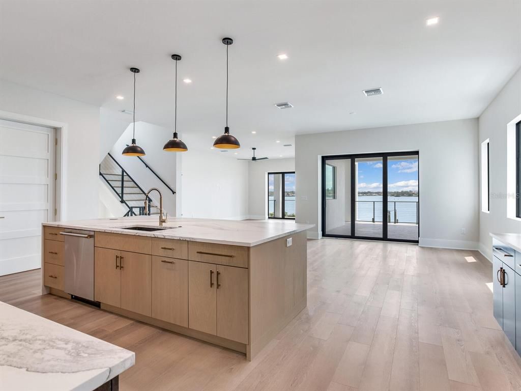 Interior, Kitchen, Pendant Lights, Recessed Lighting, Water, Wood Texture Flooring