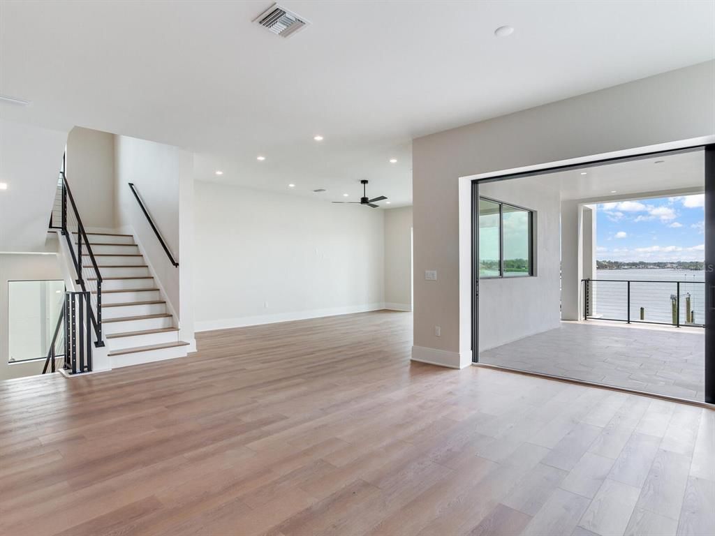 Empty room, Interior, Recessed Lighting, Water, Wood Texture Flooring