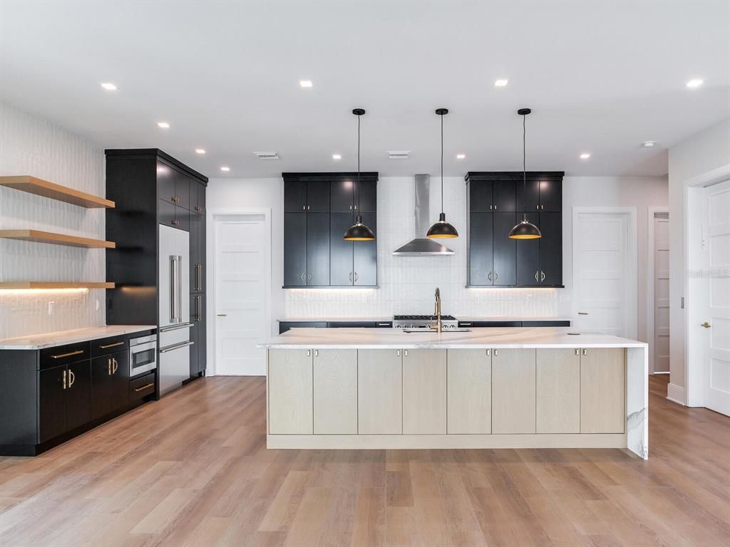 Interior, Kitchen, Pendant Lights, Recessed Lighting, Stainless Steel Appliances, Wood Texture Flooring