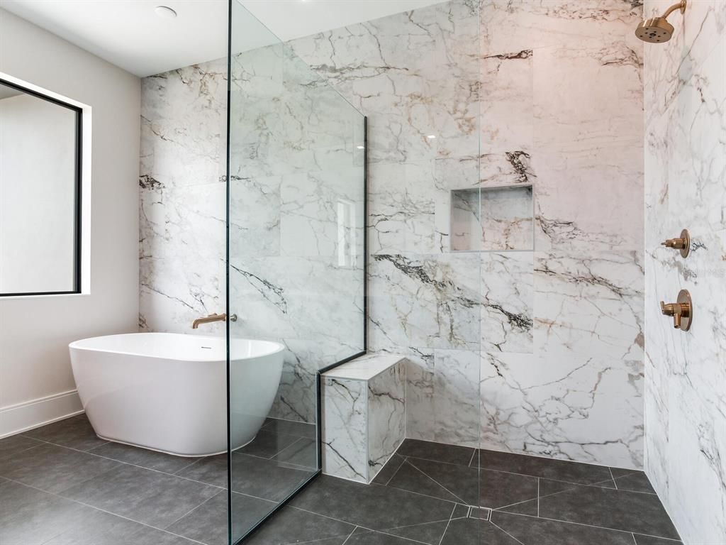 Bathroom, Free Standing Baths, Glass Shower, Interior, Marble Walls, Recessed Lighting