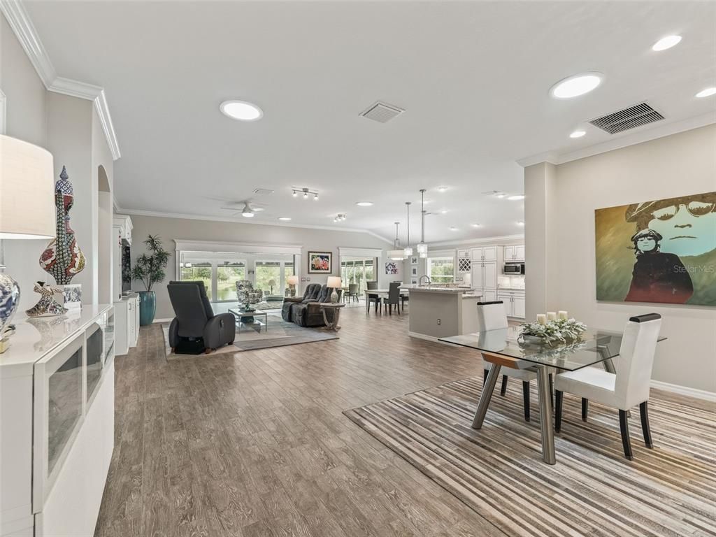 Dining room, Interior, Kitchen, Living room, Pendant Lights, Recessed Lighting, Wood Texture Flooring