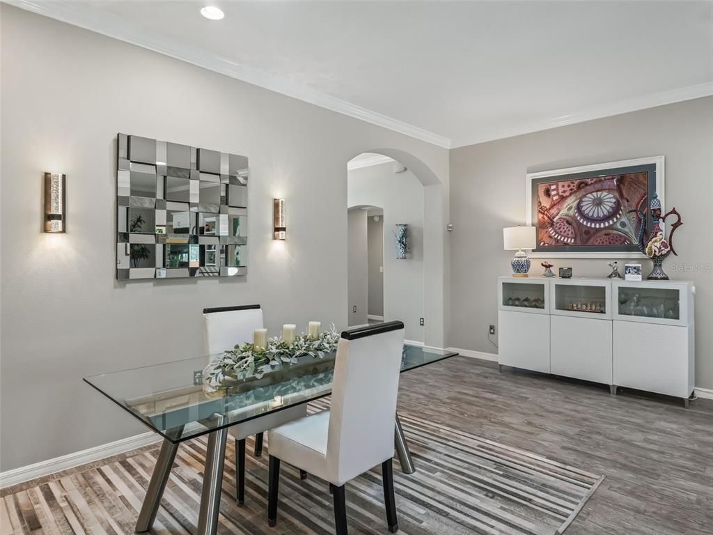 Dining room, Interior, Recessed Lighting, Wood Texture Flooring