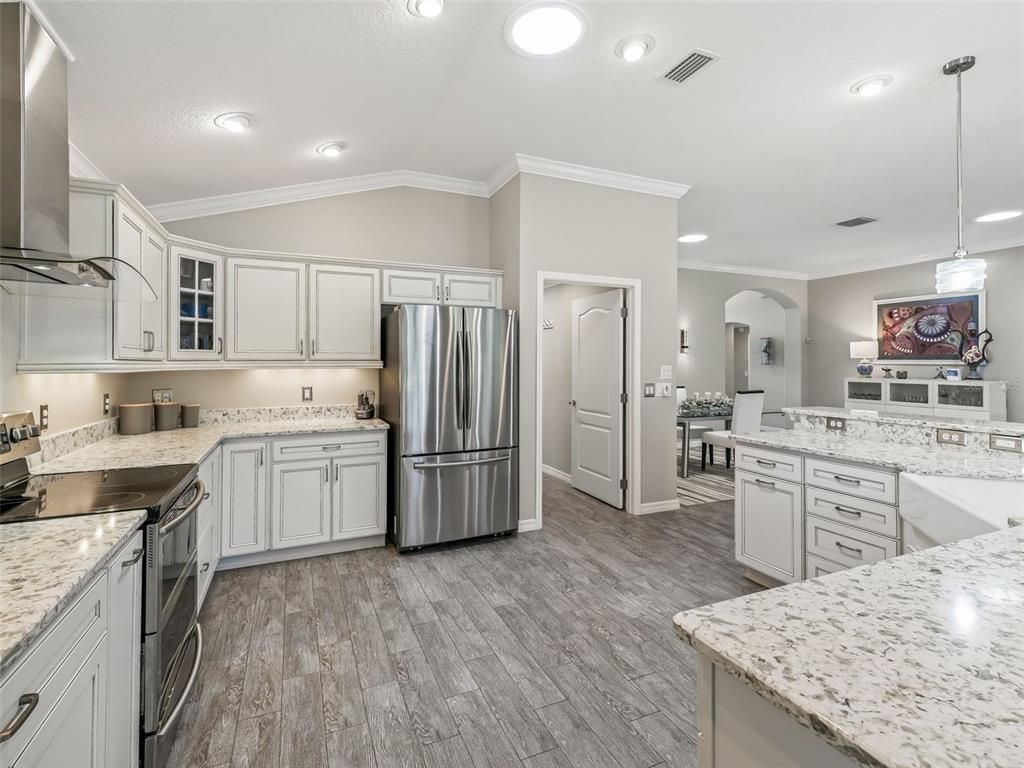 Interior, Kitchen, Pendant Lights, Recessed Lighting, Stainless Steel Appliances, Wood Texture Flooring