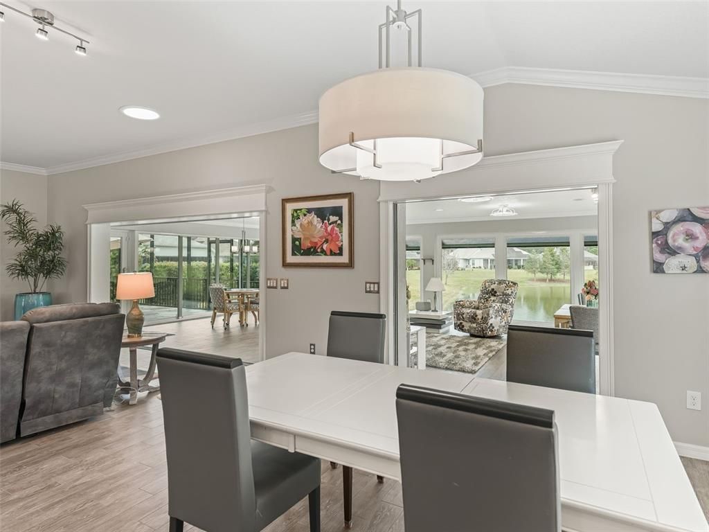 Dining room, Interior, Living room, Pendant Lights, Recessed Lighting, Wood Texture Flooring