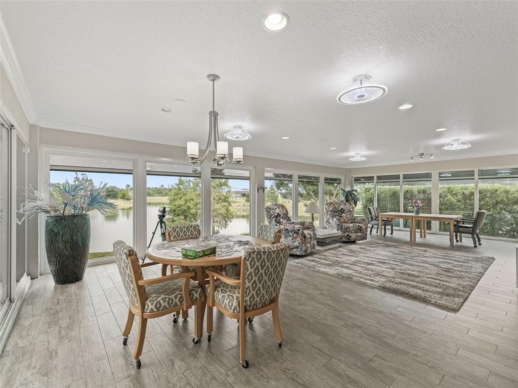 Chandelier, Dining room, Interior, Recessed Lighting, Sun Room, Wood Texture Flooring