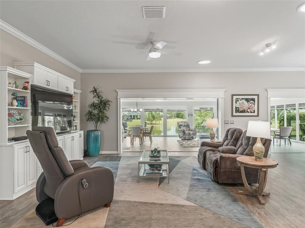 Dining room, Interior, Living room, Recessed Lighting, Wood Texture Flooring