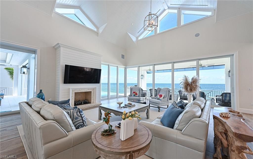 Fireplace, Interior, Living room, Pendant Lights, Water, Wood Texture Flooring