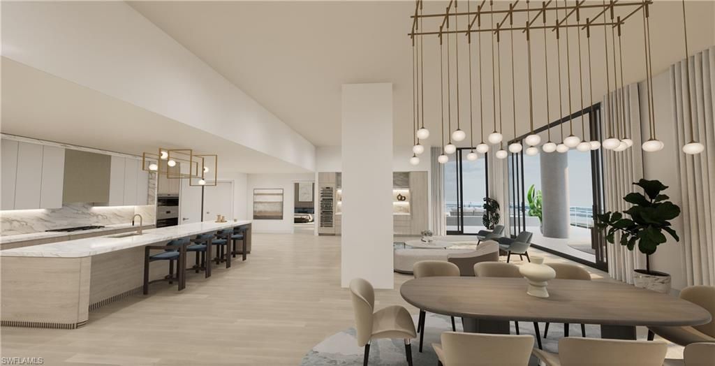 Dining room, Interior, Kitchen, Pendant Lights, Wood Texture Flooring