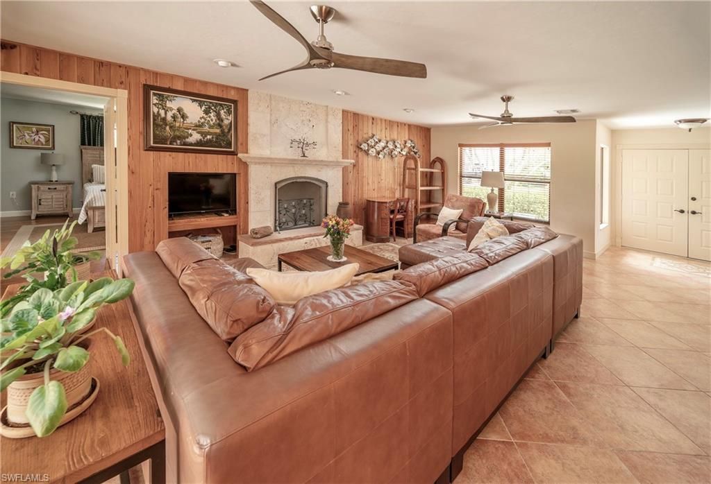 Fireplace, Interior, Living room, Recessed Lighting, Wooden Walls