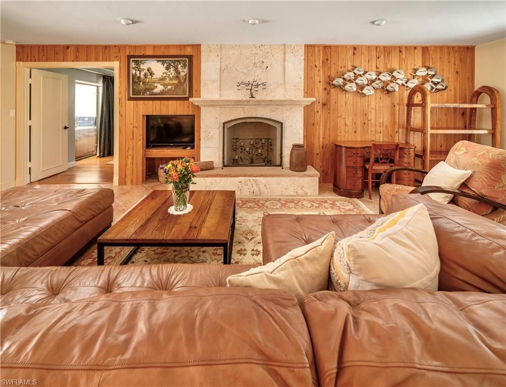 Fireplace, Interior, Living room, Recessed Lighting, Wood Texture Flooring, Wooden Walls
