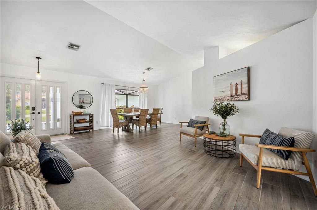 Dining room, Interior, Living room, Pendant Lights, Wood Texture Flooring
