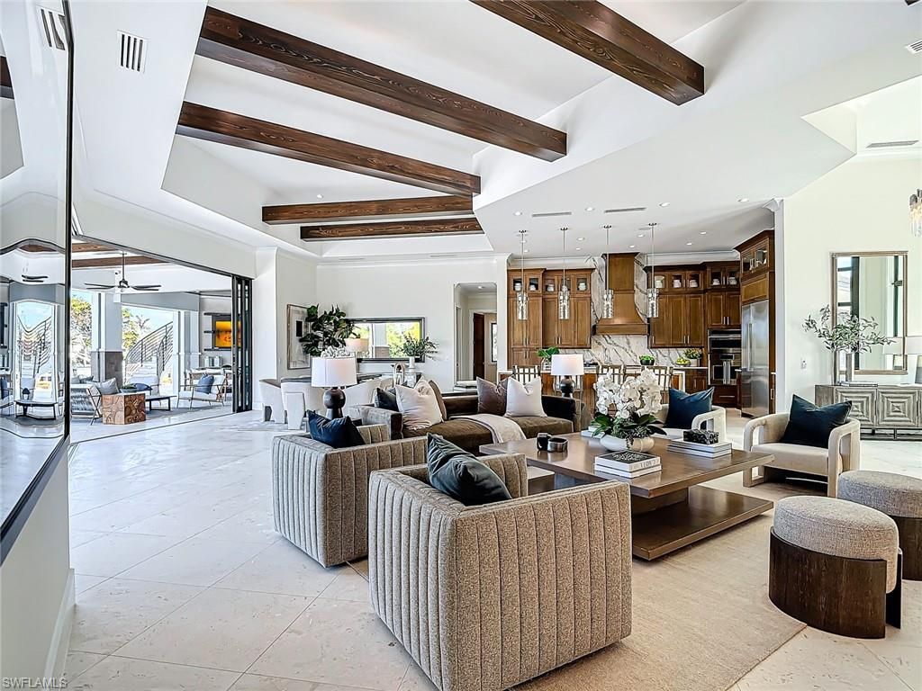 Interior, Kitchen, Living room, Pendant Lights, Recessed Lighting, Stainless Steel Appliances, Wooden Beams