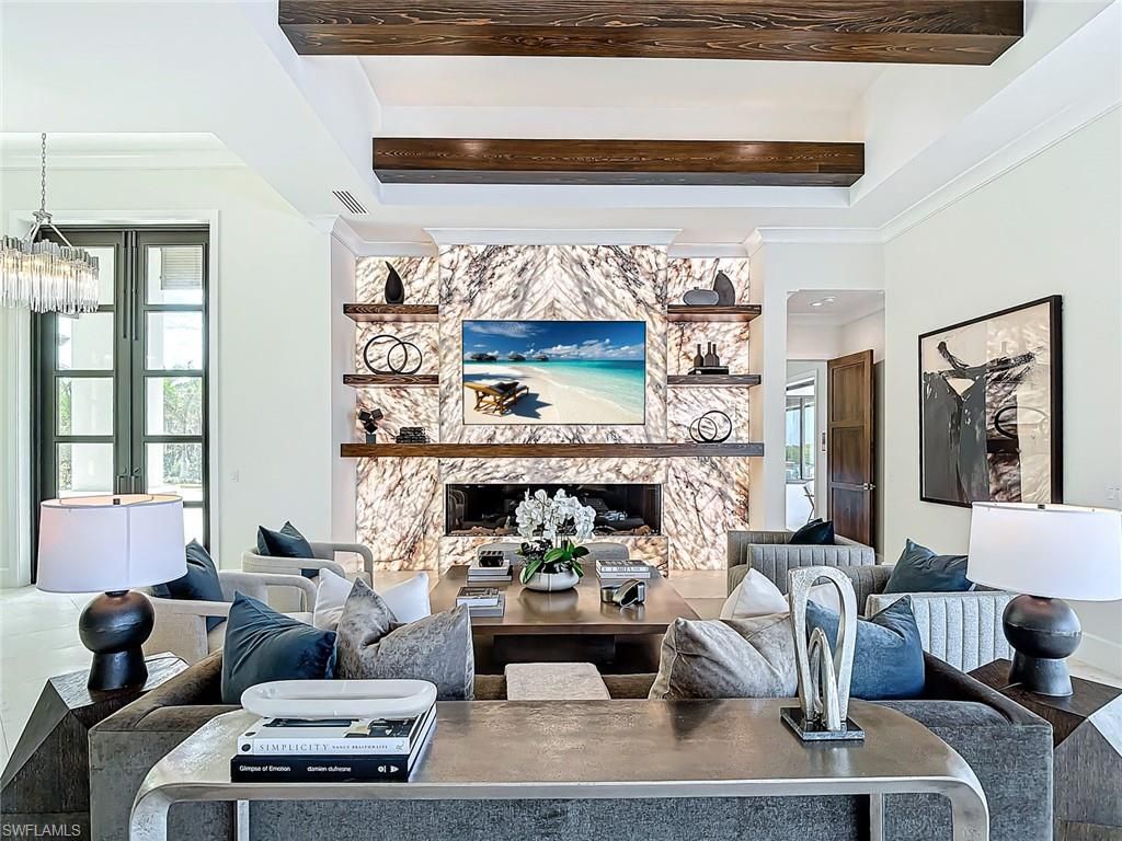 Fireplace, Interior, Living room, Pendant Lights, Stone Walls, Wooden Beams