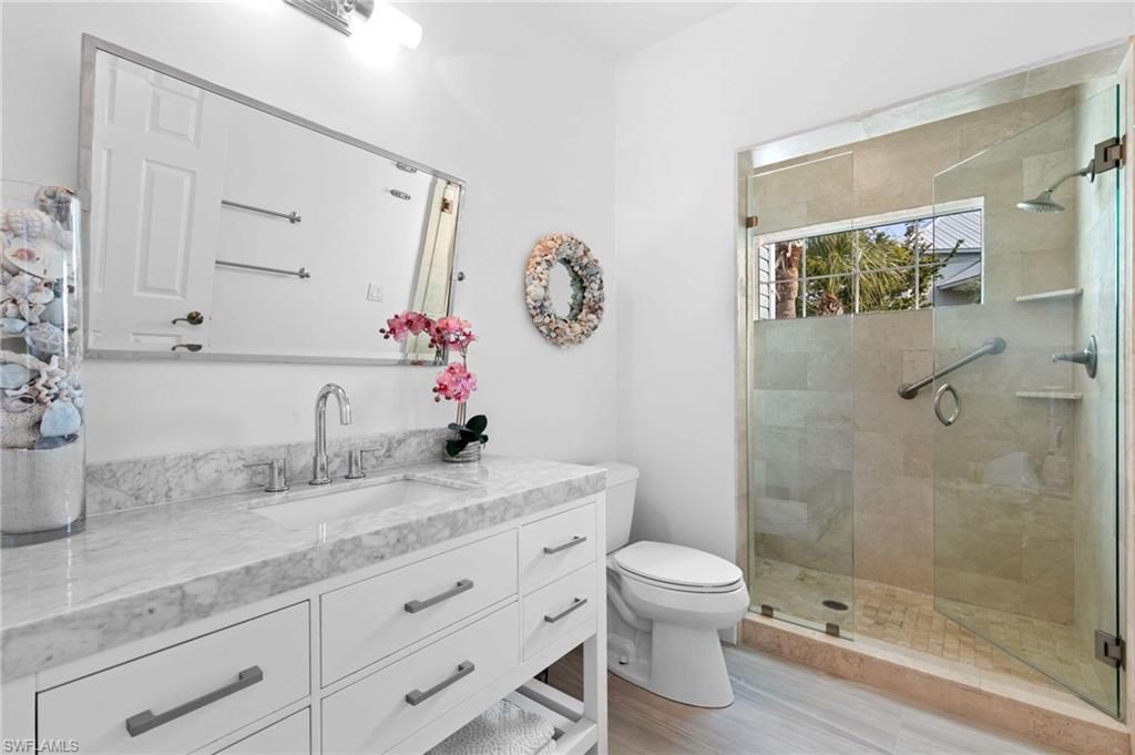 Bathroom, Glass Shower, Interior, Wood Texture Flooring