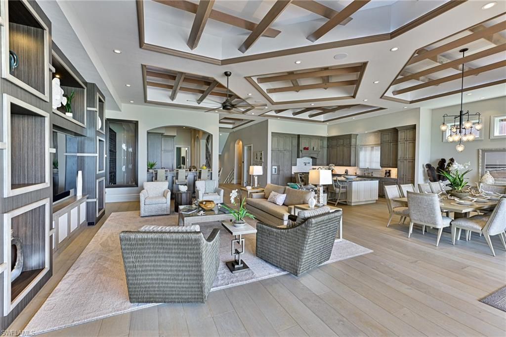 Chandelier, Dining room, Interior, Kitchen, Living room, Pendant Lights, Recessed Lighting, Wooden Beams, Wood Texture Flooring