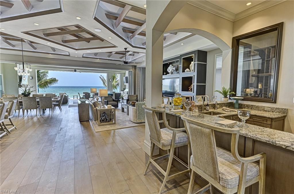 Chandelier, Dining room, Interior, Living room, Recessed Lighting, Water, Wood Texture Flooring