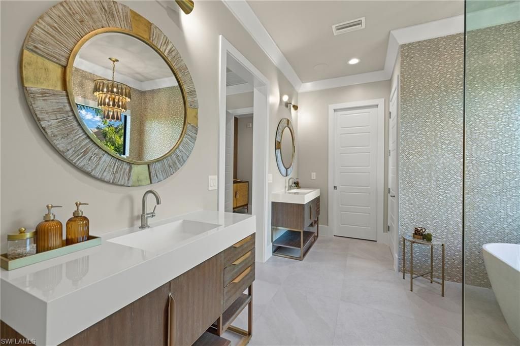 Bathroom, Chandelier, Dual Sink Vanities, Free Standing Baths, Interior, Recessed Lighting
