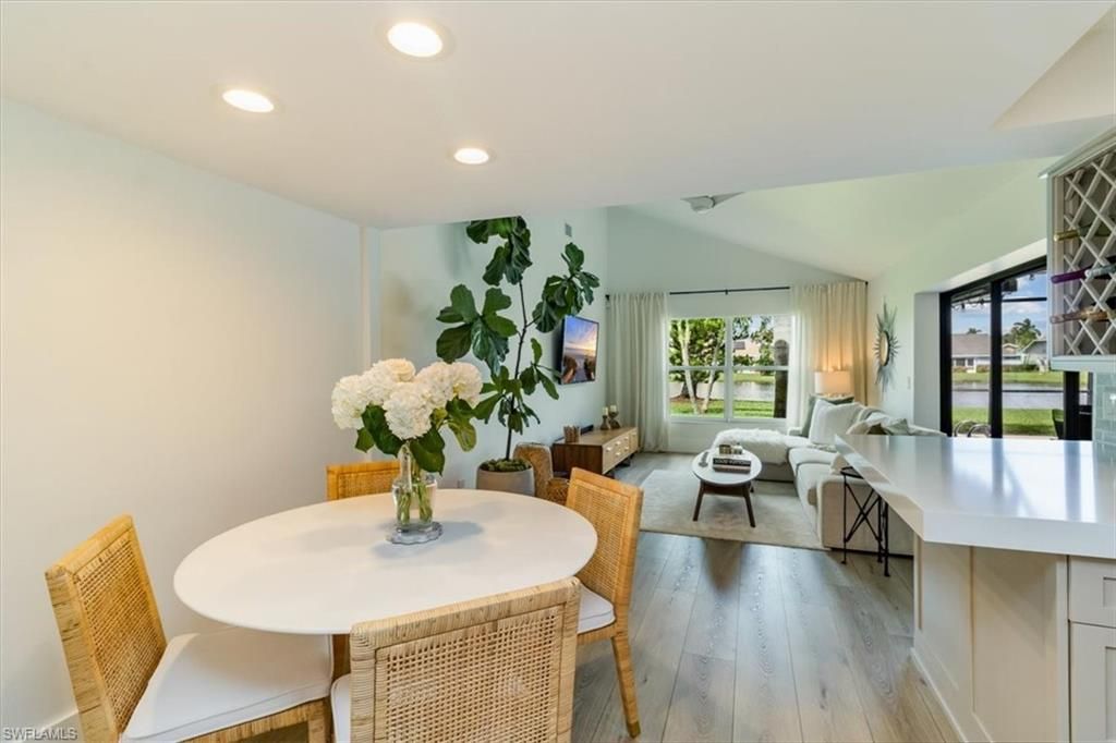 Dining room, Interior, Living room, Recessed Lighting, Wood Texture Flooring